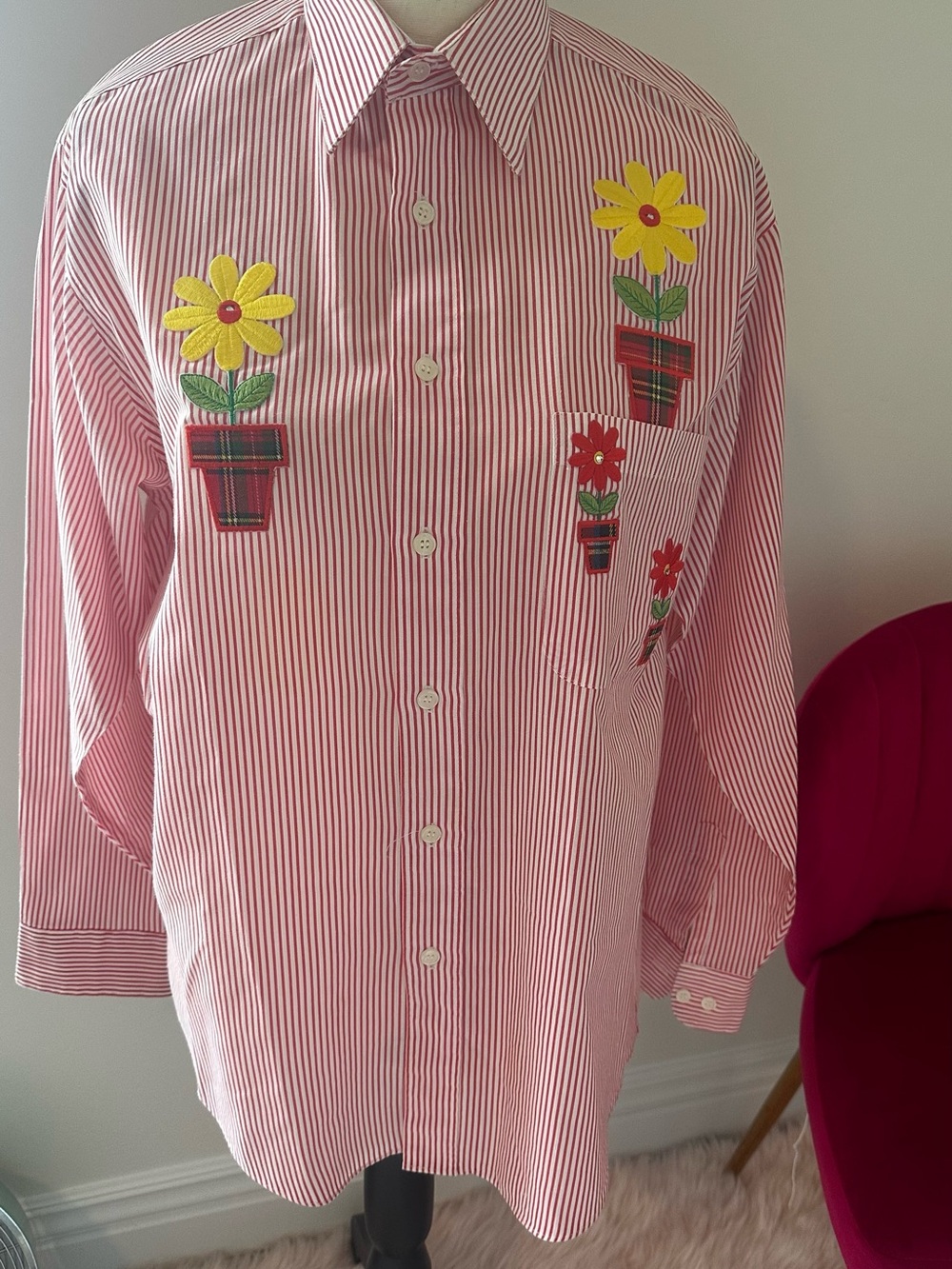 Mili women’s Red Striped Button-Up Shirt with Flower Appliqués